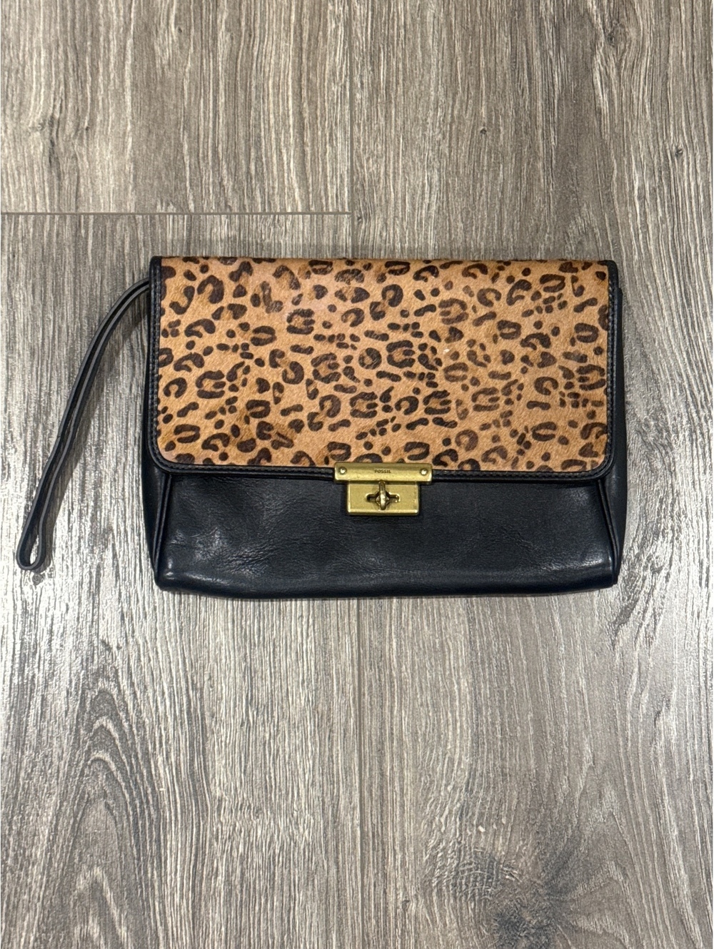 Vintage Fossil Memoir Cheetah Print Black Leather Wristlet Clutch